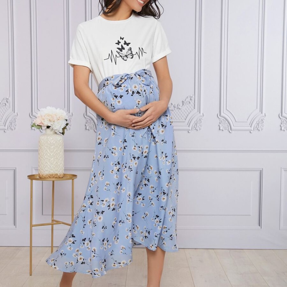 MATERNITY floral print butterfly top skirt set